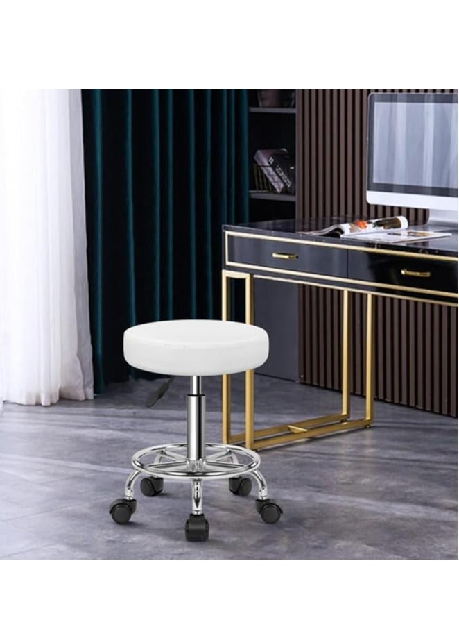 Swivel Chair PU Leather Swivel Chair with Footrest Height Adjustable for Spa, Salon, Tattoo, Work, Office, Massage, Small Task Chair (White) - Image 4
