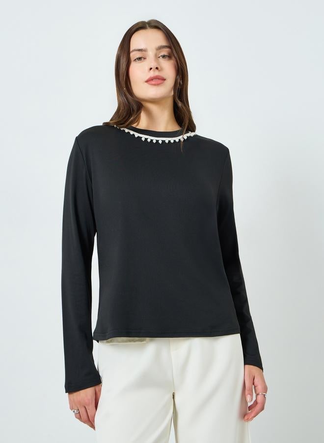 Styli Women Black Embellished Long Sleeve T-Shirt - Image 1