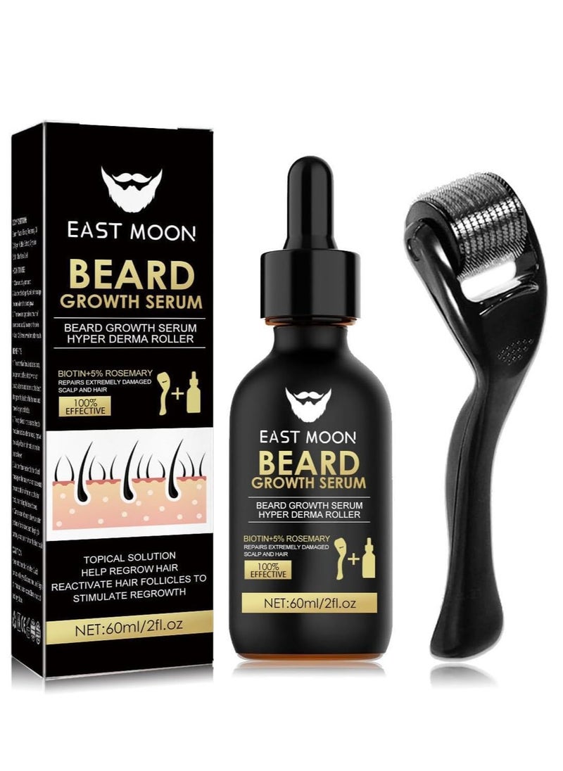 East Moon Beard Growth Kit-With Beard Derma Roller For Growth & Natural Ingredients Beard Growth Serum-Beard Grooming Kit For Men-Beard Kit For for Beard Rapid Growth and Thickening 60ml  - Image 1