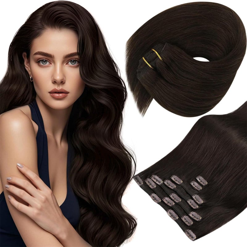 Sunny Hair مشابك شعر مشبك في وصلات شعر مستقيمة شعر إنساني مشبك في وصلات شعر ريمي مشبك في وصلات شعر إنسانية حقيقية مشابك شعر بني داكن 18 بوصة - Image 1