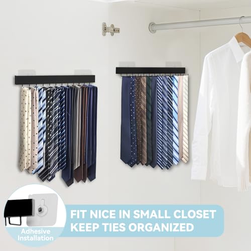 HOMEBROS Tie Rack Wall Mount, Adhesive Wooden Closet Tie Hanger with 24 Metal Hooks, Large Capacity, 2 Installation Options, Black, 2 Pcs - Image 3