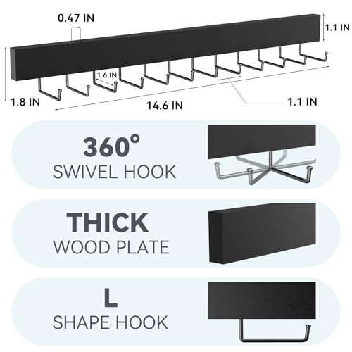 HOMEBROS Tie Rack Wall Mount, Adhesive Wooden Closet Tie Hanger with 24 Metal Hooks, Large Capacity, 2 Installation Options, Black, 2 Pcs - Image 5
