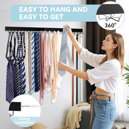HOMEBROS Tie Rack Wall Mount, Adhesive Wooden Closet Tie Hanger with 24 Metal Hooks, Large Capacity, 2 Installation Options, Black, 2 Pcs - Image 4