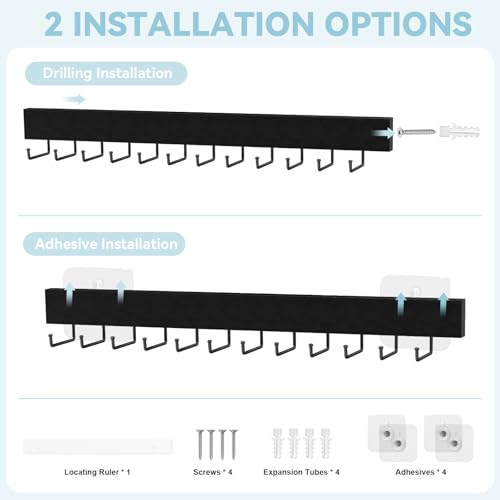 HOMEBROS Tie Rack Wall Mount, Adhesive Wooden Closet Tie Hanger with 24 Metal Hooks, Large Capacity, 2 Installation Options, Black, 2 Pcs - Image 2
