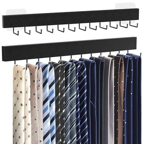 HOMEBROS Tie Rack Wall Mount, Adhesive Wooden Closet Tie Hanger with 24 Metal Hooks, Large Capacity, 2 Installation Options, Black, 2 Pcs - Image 1