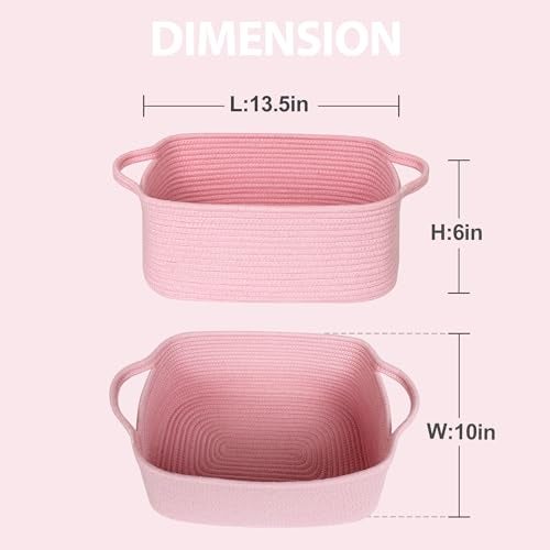 MEGASKET Pink Woven Storage Basket Cotton Rope Gift Basket Empty Cute Organizer for Girls Decorative Baby Nursery Closet Bin Pink Room Decor Gift Ready Bin with Handle Wicker Pet Toy Storage Box - Image 3