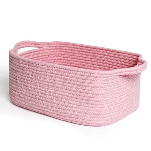 MEGASKET Pink Woven Storage Basket Cotton Rope Gift Basket Empty Cute Organizer for Girls Decorative Baby Nursery Closet Bin Pink Room Decor Gift Ready Bin with Handle Wicker Pet Toy Storage Box - Image 1