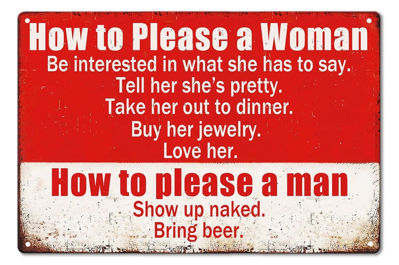 Fmcmly Funny Garage Sign Humor Man Cave Bar Art Decorations, How To Please A Woman And A Man Sign, Vintage Metal Tin Signs Home Kitchen Bedroom Wall Decor 8x12 Inch - Image 1