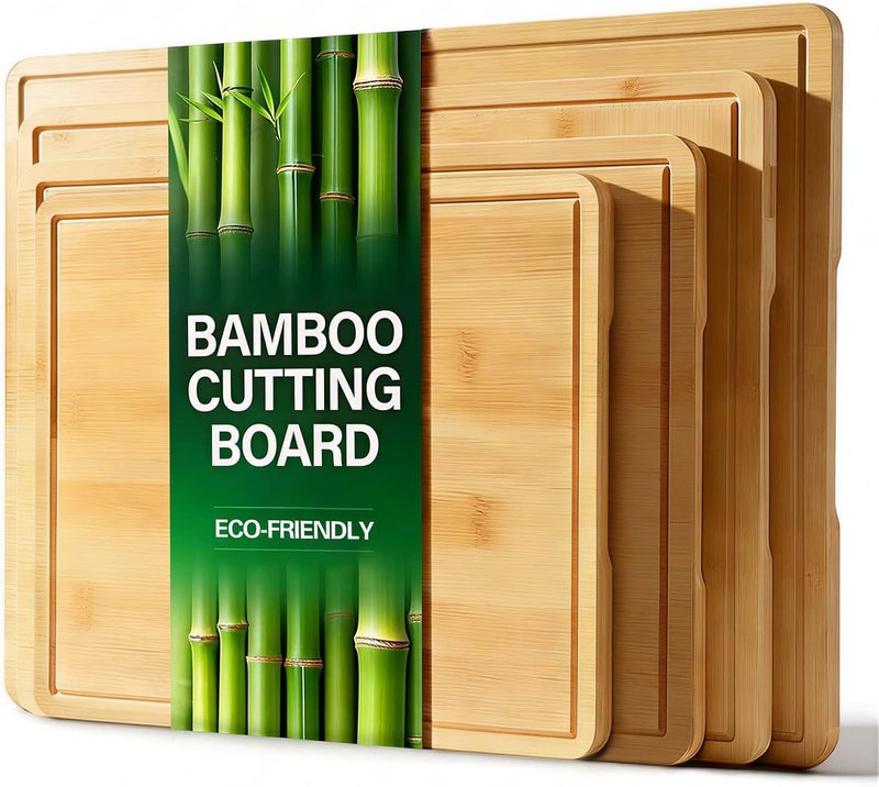 Zarler Bamboo Cutting Boards for Kitchen, 4 Piece Durable Wood Cutting Board with Juice Grooves and Handles, Wooden Chopping Board Set for Meal Prep, XL Size, Ideal Kitchen Gift - Image 1