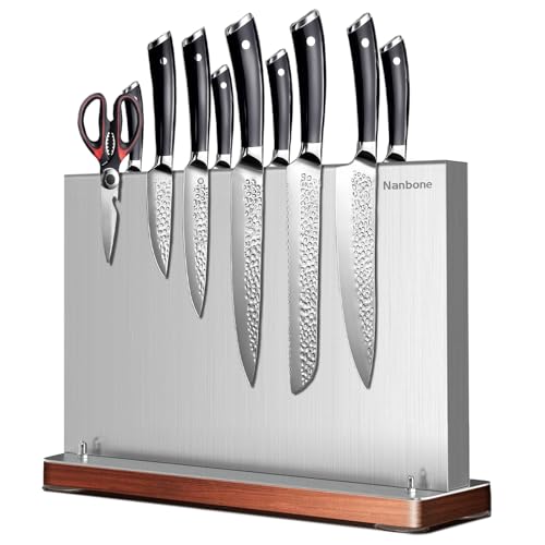 Nanbone Magnetic Knife Block Stand Without Knives Double Sided Magnetic Knife Holder Rack for Kitchen Counter Stainless Steel Knife Magnetic Strip Display Stand Storage Organizer with Wood Base - Image 1
