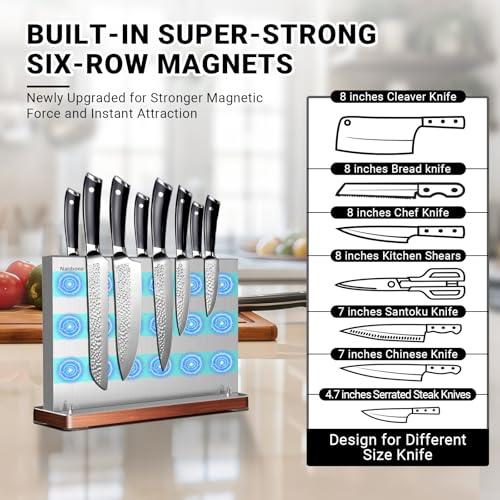 Nanbone Magnetic Knife Block Stand Without Knives Double Sided Magnetic Knife Holder Rack for Kitchen Counter Stainless Steel Knife Magnetic Strip Display Stand Storage Organizer with Wood Base - Image 3
