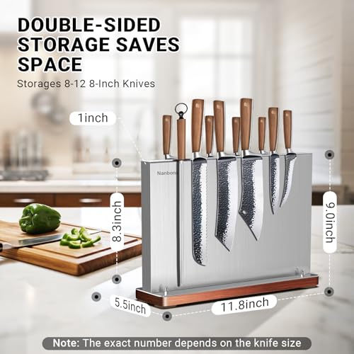 Nanbone Magnetic Knife Block Stand Without Knives Double Sided Magnetic Knife Holder Rack for Kitchen Counter Stainless Steel Knife Magnetic Strip Display Stand Storage Organizer with Wood Base - Image 2