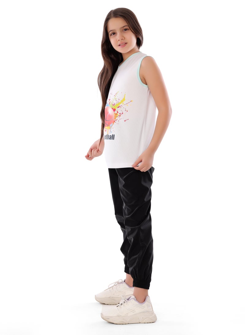 Girls' White Basketball T-Shirt – Comfortable, Sleeveless Design