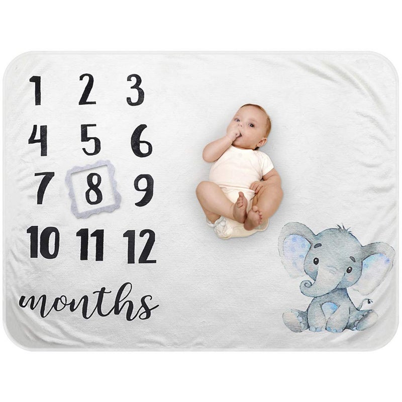 Besbaby Baby Monthly Milestone Blanket  Organic Plush Fleece Photography Background Prop for Boy Girl Newborn Soft Elephant Blanket with Frame Large 47x40