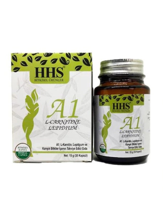HHS A1 L-CarnitinA1 food supplement of L-Carnitine and Lipidium to support weight loss, suppress appetite, and stimulate fat burning, 30 capsulese and Lipidium to support weight loss, suppress appetite, and stimulate fat burning. 30 capsules.