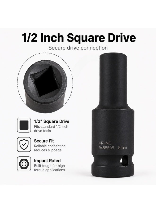 8mm Deep Impact Socket, 1/2 Inch Drive, 6 Point Cr-Mo Chrome Molybdenum Steel Socket for Impact Wrench, Ratchet and Breaker Bar - Image 4