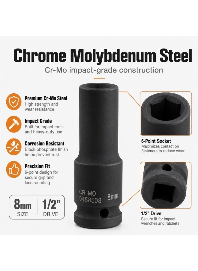 8mm Deep Impact Socket, 1/2 Inch Drive, 6 Point Cr-Mo Chrome Molybdenum Steel Socket for Impact Wrench, Ratchet and Breaker Bar - Image 5