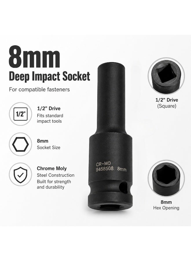 8mm Deep Impact Socket, 1/2 Inch Drive, 6 Point Cr-Mo Chrome Molybdenum Steel Socket for Impact Wrench, Ratchet and Breaker Bar - Image 2