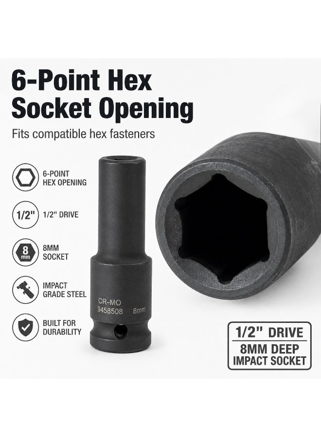 8mm Deep Impact Socket, 1/2 Inch Drive, 6 Point Cr-Mo Chrome Molybdenum Steel Socket for Impact Wrench, Ratchet and Breaker Bar - Image 3