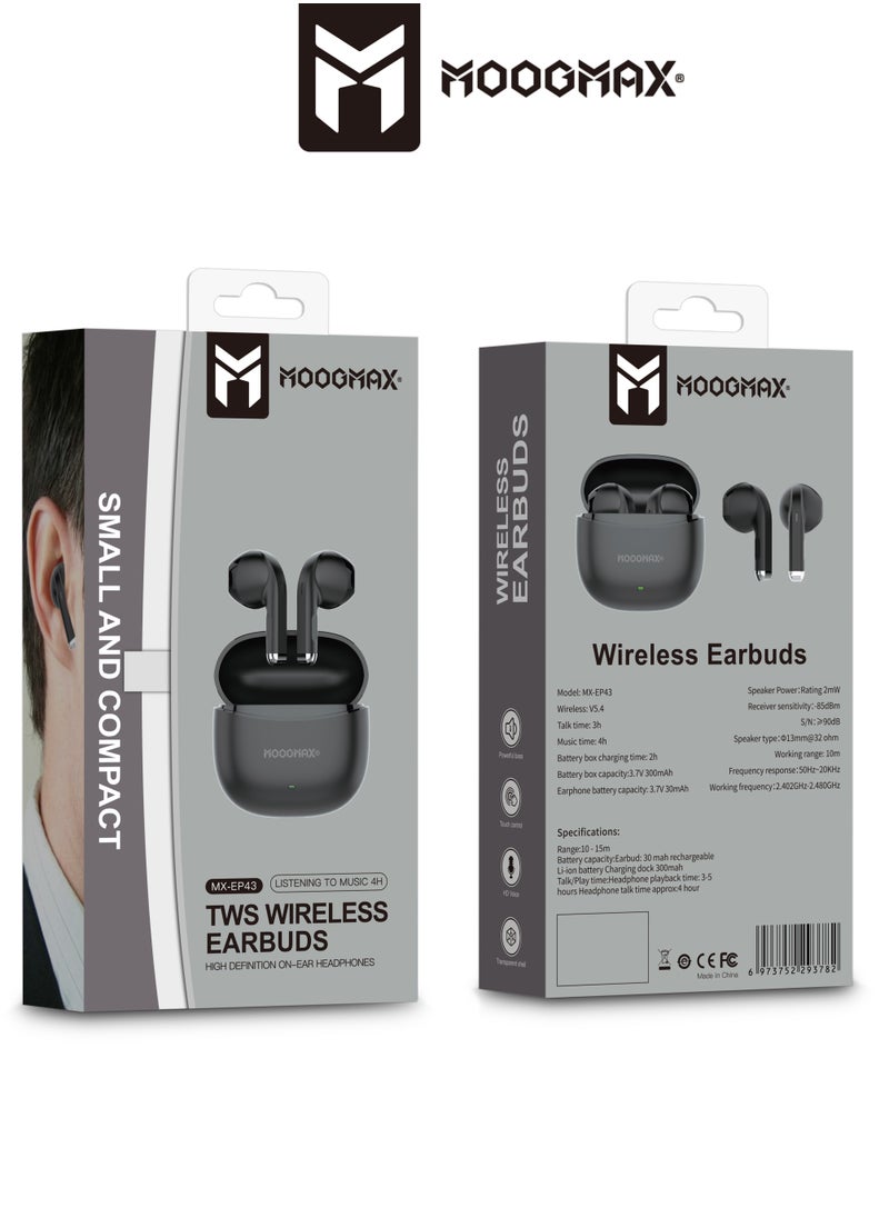 MOOGMAX - Moogmax MX-EP43 A TWS wireless Earbuds with built-in a clear microphone and powerful HAFI clear sound, Bluetooth 5.4V and ergonomic elegant design. in Black color - Image 1