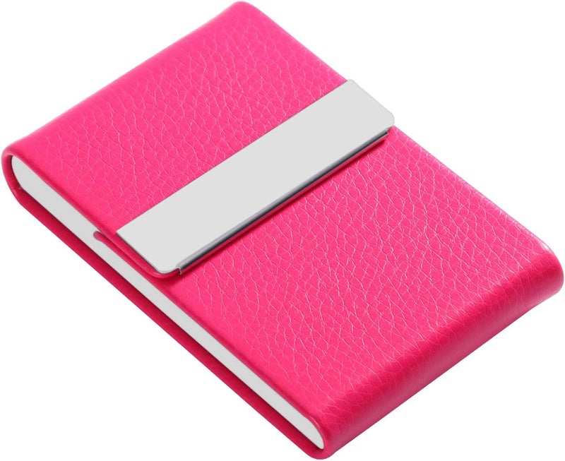 JuneLsy Business Card Holder Case - Professional PU Leather Business Card Case Metal Name Card Holder Pocket Business Card Carrier for Men & Women with Magnetic Shut (Y-Rose Red) - Image 1