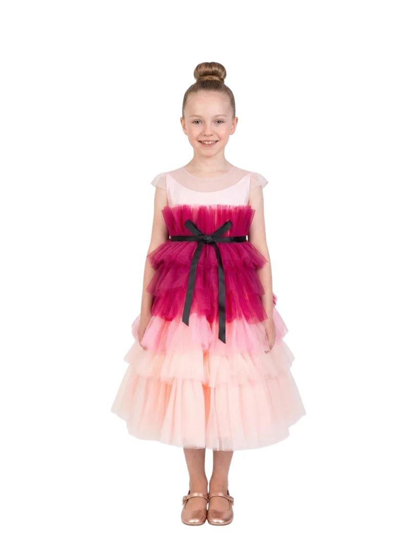 Bidani Sleeveless Tiered Tulle Girls Party Dress -Ombre