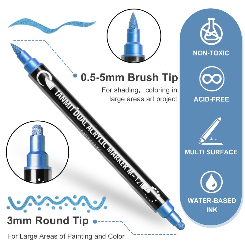 TANMIT 28 Metallic Colors Acrylic Paint Markers, Dual Tip Acrylic Paint Pens for Rock Painting, Black Paper, Wood, Canvas, Stone, Glass, Ceramic, DIY Crafts Making Art Supplies (Brush Tip and Round Tip) - Image 2