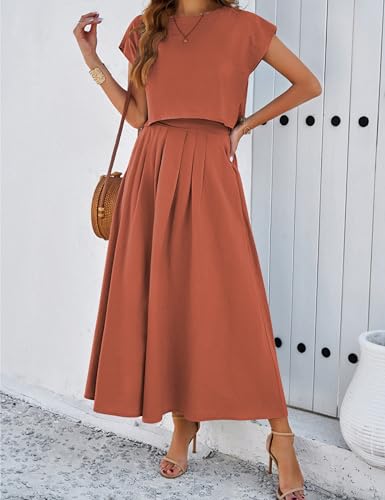 HangNiFang Summer Skirt Sets Women 2 Piece Outfits Cap Sleeve Top Elastic Waist Maxi Dress Sets with Pockets(1218-RustX1-L) - Image 3