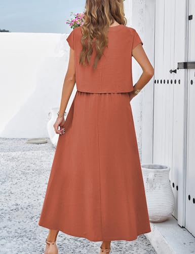 HangNiFang Summer Skirt Sets Women 2 Piece Outfits Cap Sleeve Top Elastic Waist Maxi Dress Sets with Pockets(1218-RustX1-L) - Image 4