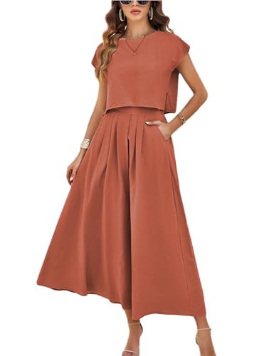 HangNiFang Summer Skirt Sets Women 2 Piece Outfits Cap Sleeve Top Elastic Waist Maxi Dress Sets with Pockets(1218-RustX1-L) - Image 1