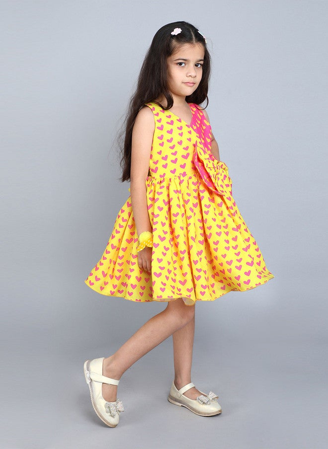 PinkChick Fit & Flare Dress for Girls in Yellow and Pink - Image 3