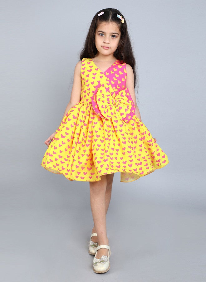 PinkChick Fit & Flare Dress for Girls in Yellow and Pink - Image 1