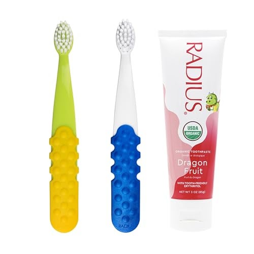 RADIUS Toddler Toothbrush and Toothpaste Bundle for Kids, 2 Pack Totz Plus Silky Soft Brush in White/Sapphire Blue and Green/Yellow and 1 Count Dragon Fruit Toothpaste, for Children 18 Months and Up - Image 1