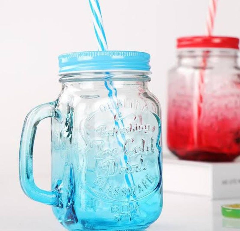Generic Mason Jar Drinking Mug with Handle, Glass, Blue Tinted, Lid and Straw .flo - Image 1