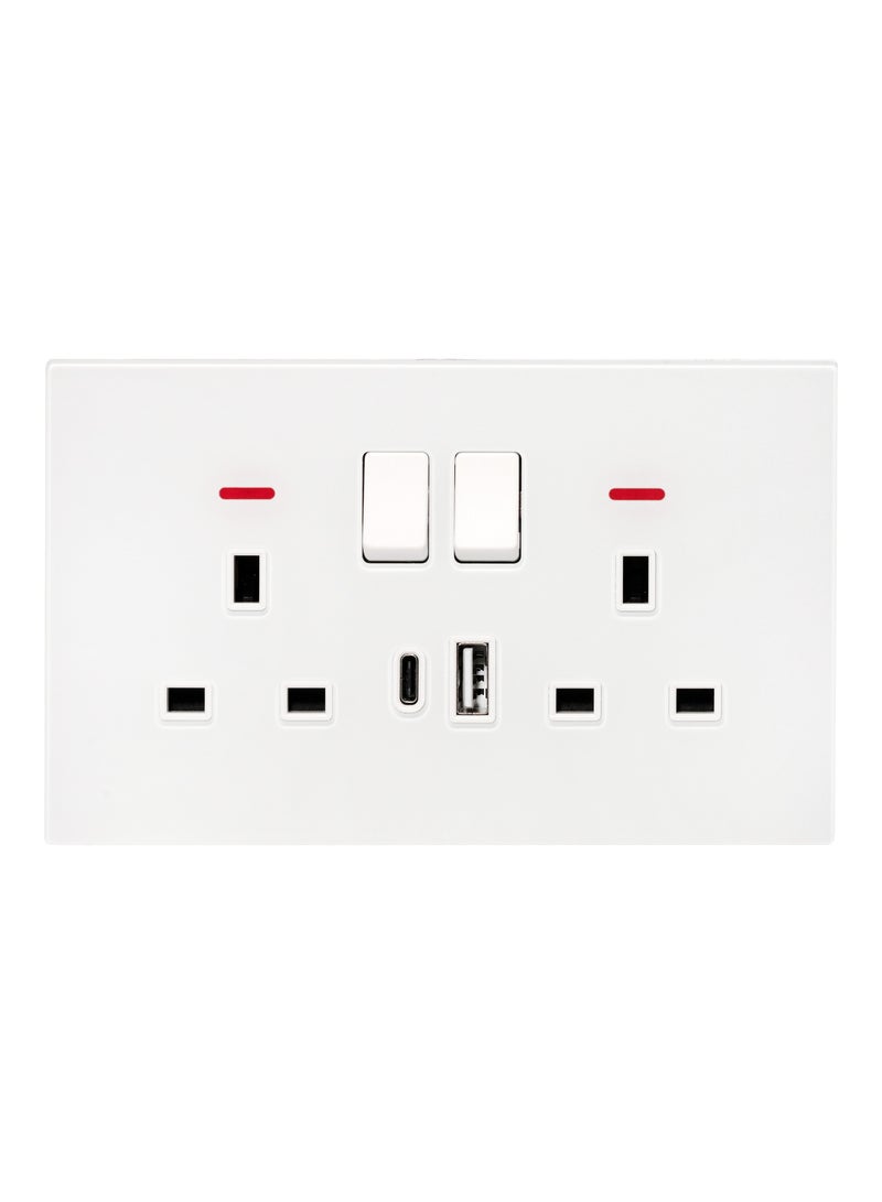 Donmarco 2 Gang Double UK Socket 13A - USB + Type-C (5V 3.1A) – Ultra Thin Glass, Dual Charging Ports, Fire-Resistant , 3-Year Warranty, 13A Power (Matt White) | Wall Socket Power Outlet  - Image 1