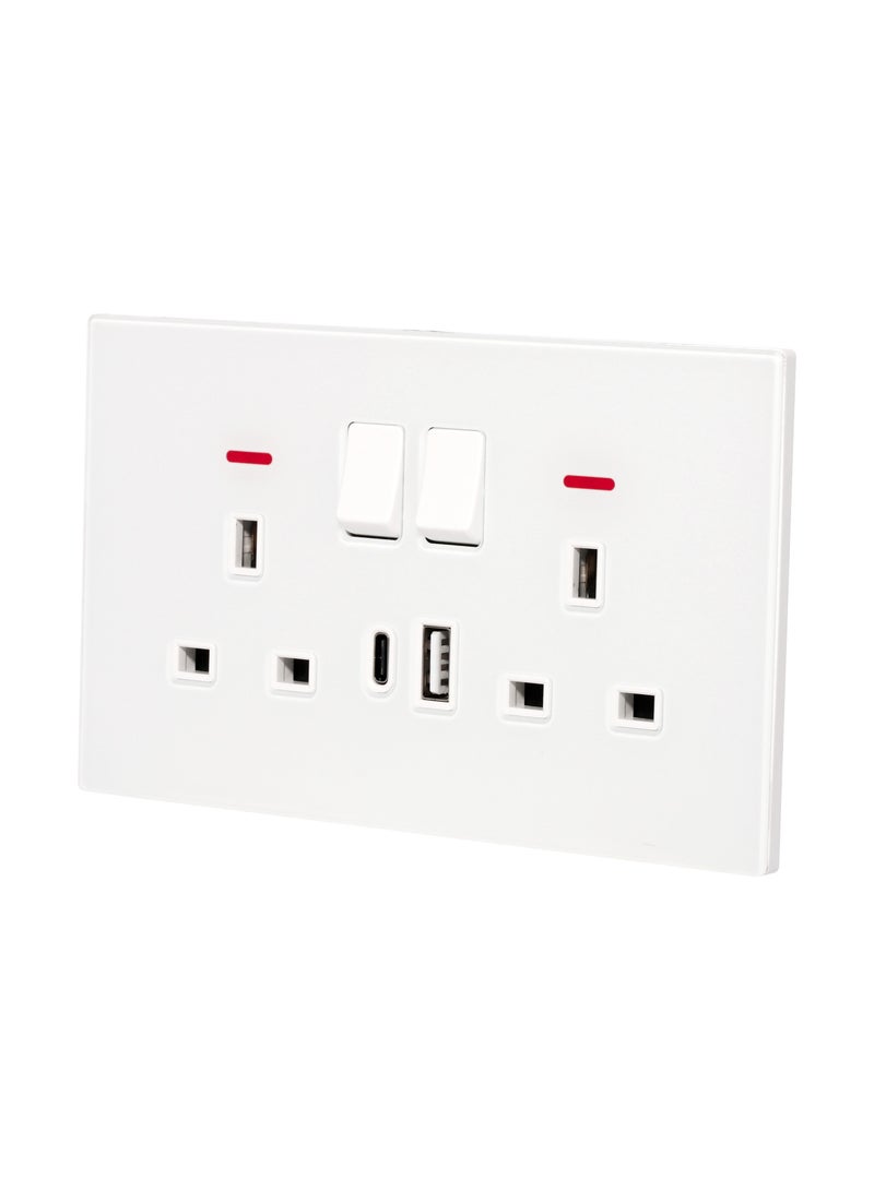 Donmarco 2 Gang Double UK Socket 13A - USB + Type-C (5V 3.1A) – Ultra Thin Glass, Dual Charging Ports, Fire-Resistant , 3-Year Warranty, 13A Power (Matt White) | Wall Socket Power Outlet  - Image 2