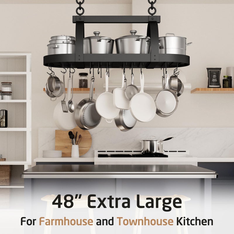 KES 48 Inch Large Hanging Pot Rack, Heavy Duty Oval Pot and Pan Hanging Rack Ceiling Mount, Pot Pan Hangers for Kitchen with 20 Hooks, Matte Black, (For 16" and 24" Joist Mount), KUR225S122-BK - Image 4