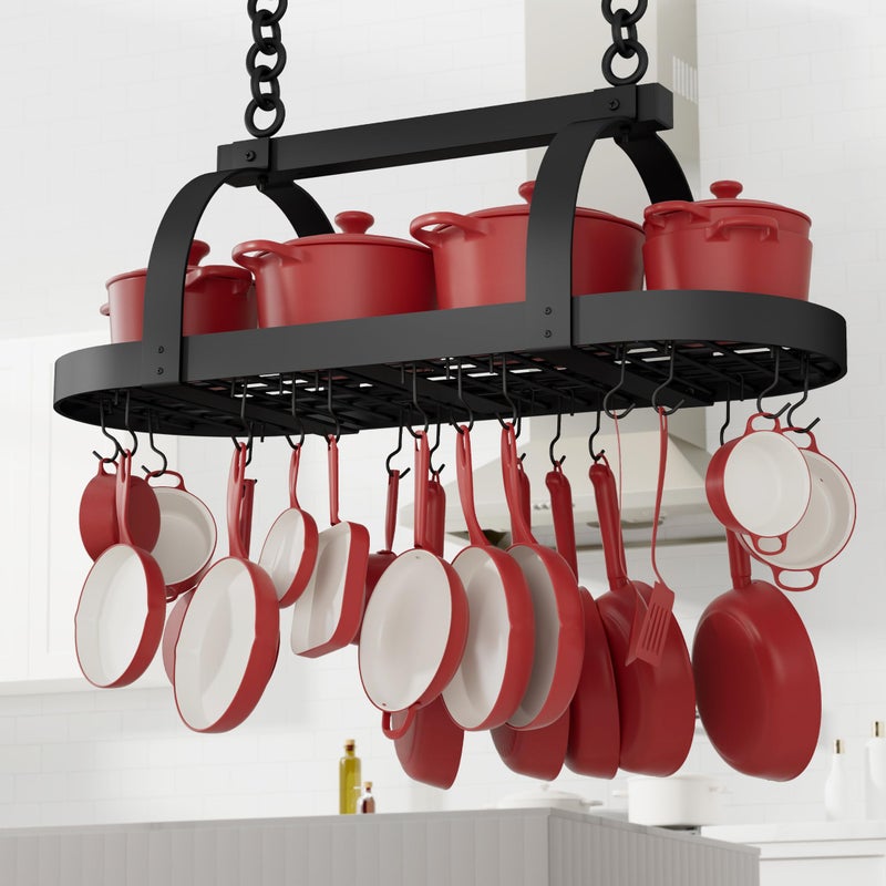 KES 48 Inch Large Hanging Pot Rack, Heavy Duty Oval Pot and Pan Hanging Rack Ceiling Mount, Pot Pan Hangers for Kitchen with 20 Hooks, Matte Black, (For 16" and 24" Joist Mount), KUR225S122-BK - Image 1