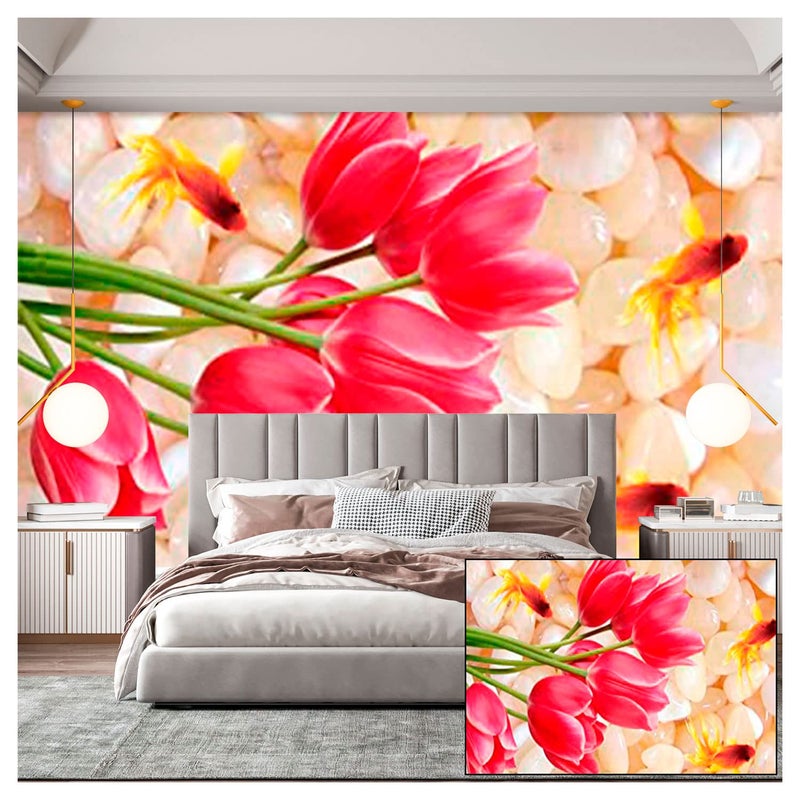 Kayra Decor Kayra Decor 3D Wallpaper for Walls Red Tulips White Stones Cute Print Size 95 Feet Height x 17 Feet Width MURALN3404 