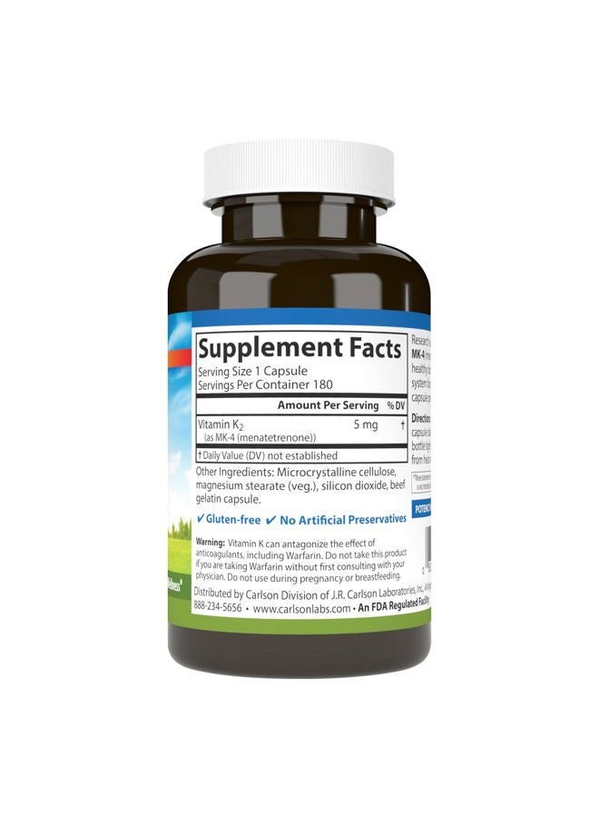 Carlson Vitamin K2 MK-4 (Menatetrenone), 5 mg, Vitamin K Supplement, Bone Support, K2 Vitamin, Soy-Free, Vitamin K-2, 180 Capsules - Image 2