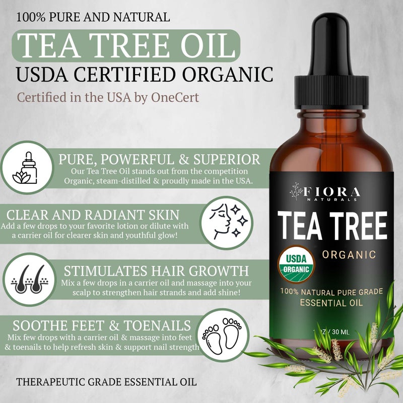 Fiora Naturals Tea Tree Oil â€“ 100% Pure Organic Tea Tree Essential Oil for Skin, Face, Hair, Scalp, Nails, and Toenail â€“ Therapeutic Grade Tree Tea Oil for Acne & Hair Growth â€“ 1 fl oz - by Fiora Naturals - Image 2