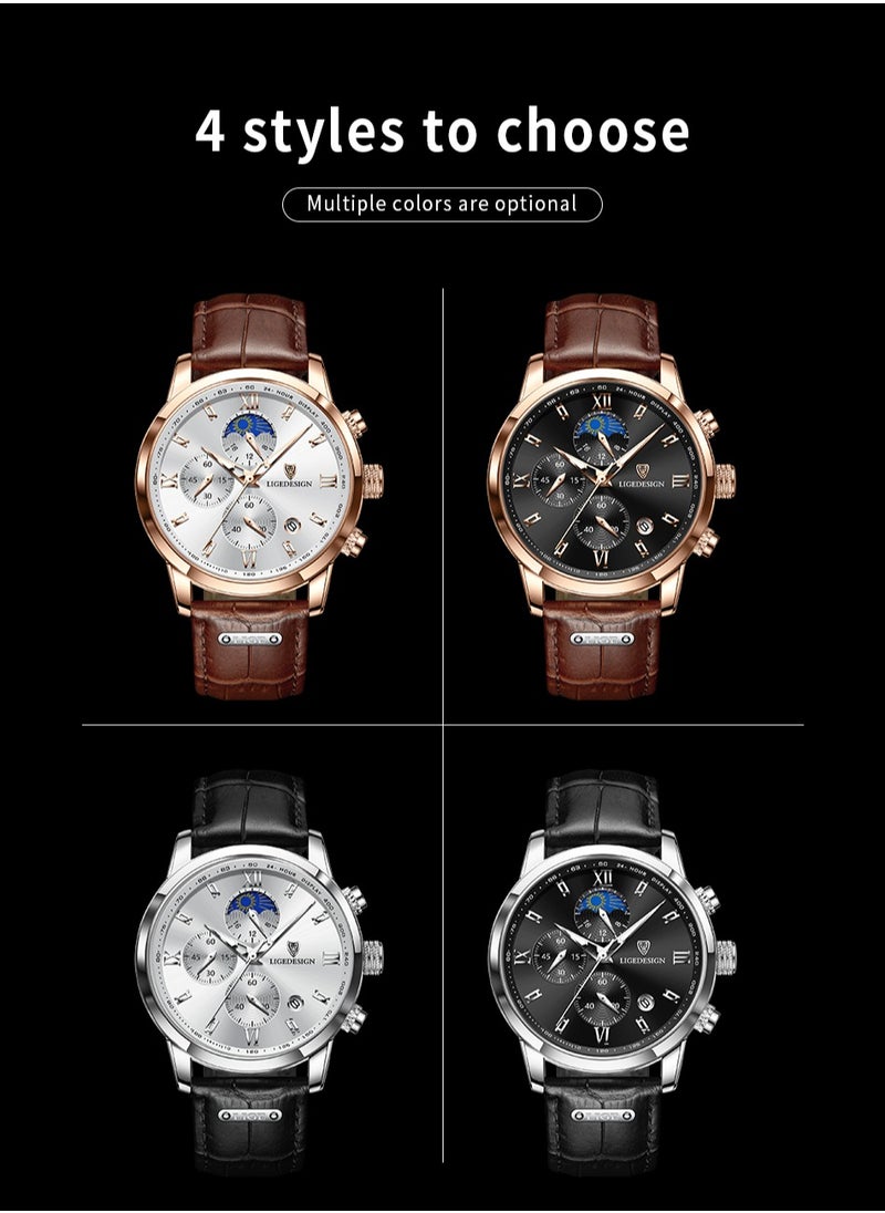 LIGEDESIGN - Water Resistant Watches Men's Chronograph Quartz Watch for Men Business with Luxury Leather Band Brown - Image 1