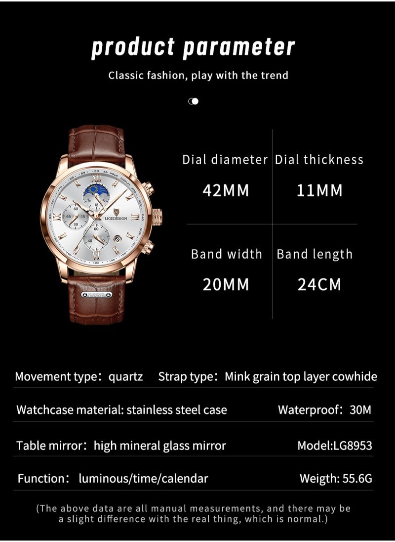 LIGEDESIGN - Water Resistant Watches Men's Chronograph Quartz Watch for Men Business with Luxury Leather Band Brown - Image 1