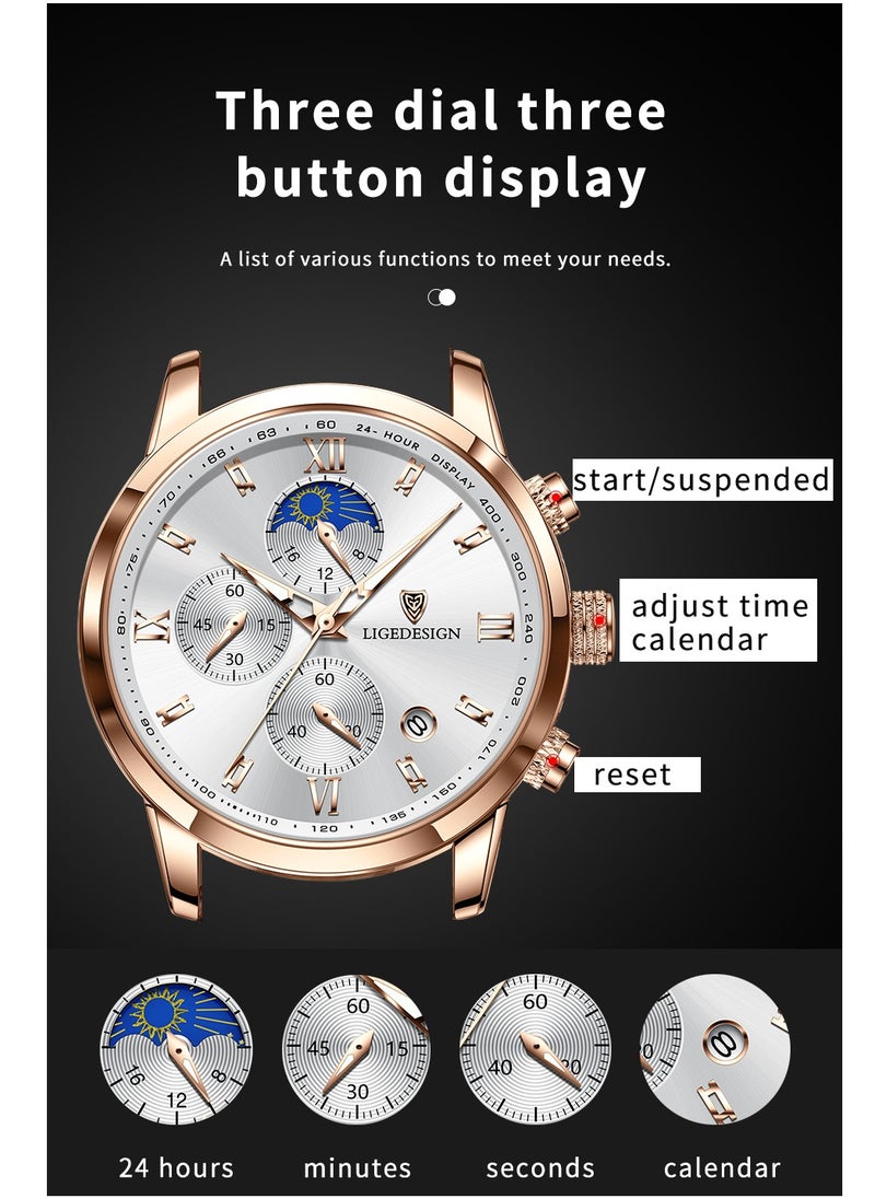 LIGEDESIGN - Water Resistant Watches Men's Chronograph Quartz Watch for Men Business with Luxury Leather Band Brown - Image 1