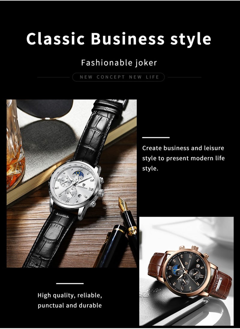 LIGEDESIGN - Water Resistant Watches Men's Chronograph Quartz Watch for Men Business with Luxury Leather Band Brown - Image 1