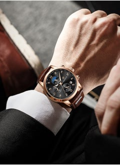 LIGEDESIGN Water Resistant Watches Men's Chronograph Quartz Watch for Men Business with Luxury Leather Band Brown  - Image 4