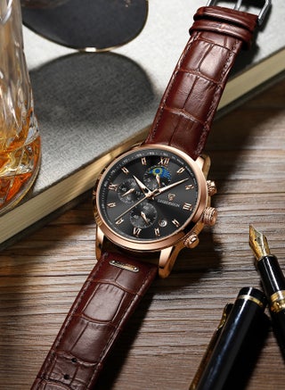 Water Resistant Watches Men's Chronograph Quartz Watch for Men Business with Luxury Leather Band Brown - view 5