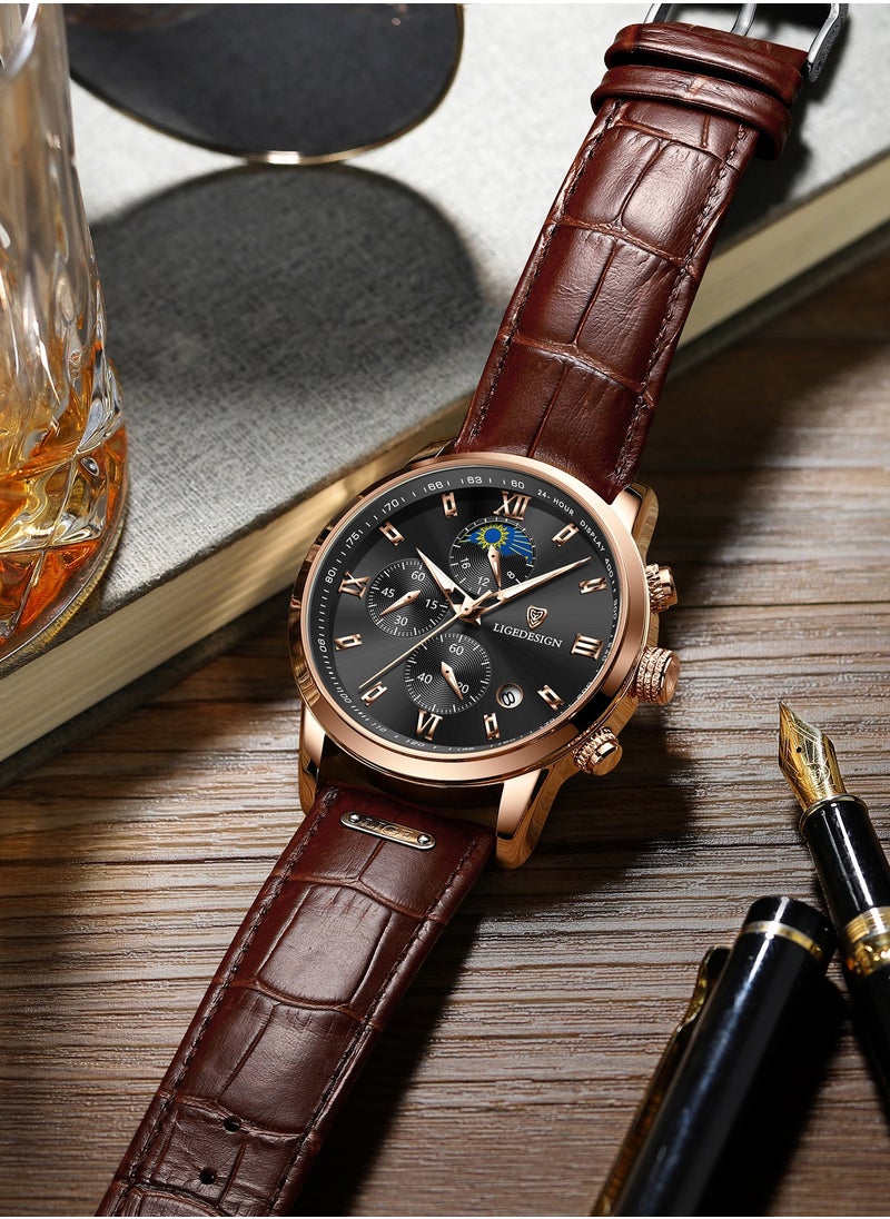 LIGEDESIGN - Water Resistant Watches Men's Chronograph Quartz Watch for Men Business with Luxury Leather Band Brown - Image 1