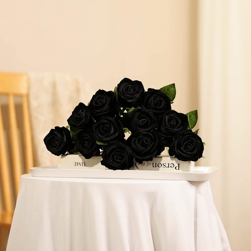 Luyue 10 Pack Artificial Velvet Roses Fake Halloween Black Rose Silk Flowers with Stem Floral Gift for Thanksgiving Arrangement Party Home Decor-Black - Image 4