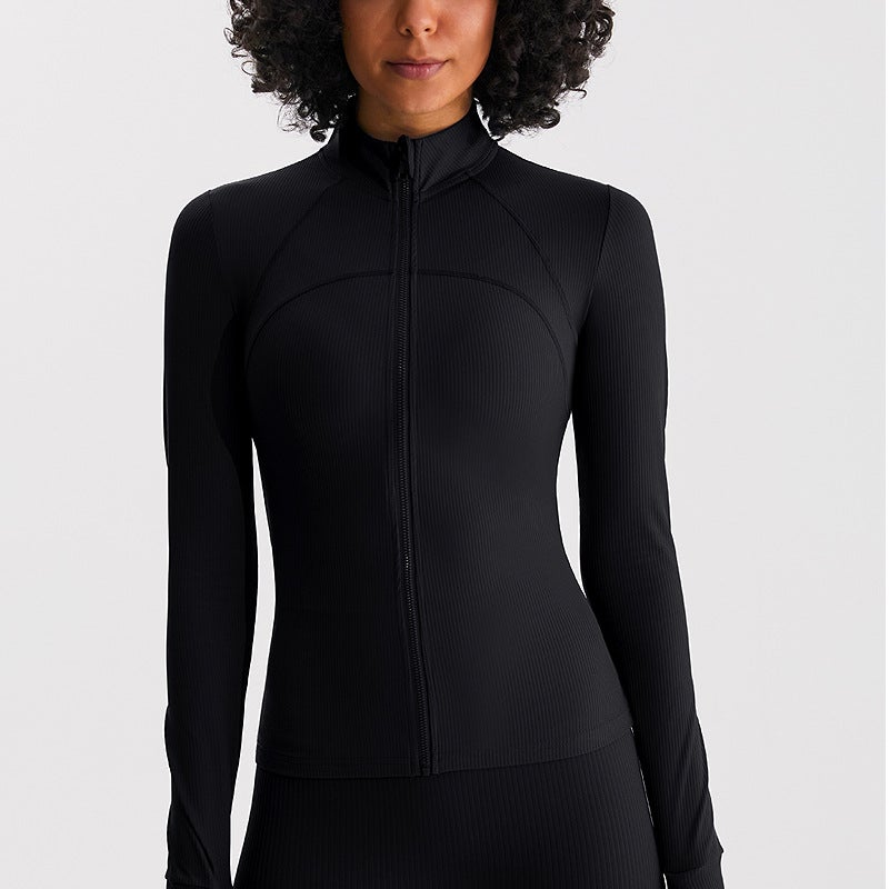 New Yoga jacket womens autumn and winter slim fit nude high elastic quick-drying fitness running training sweater sports top WT05 Black